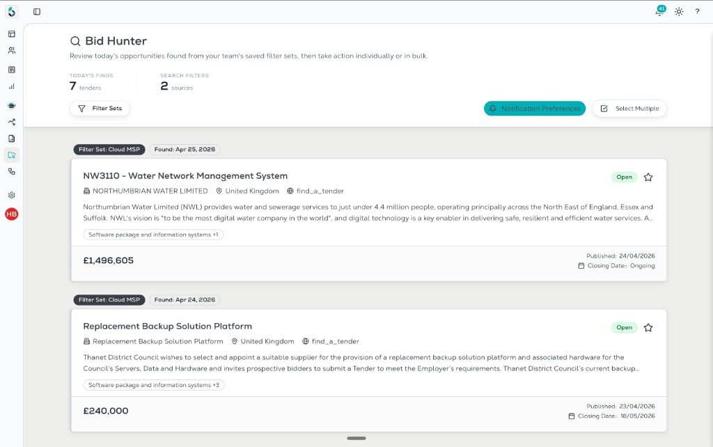Bid Hunter dashboard showing today's tender opportunities from saved filter sets, with values, sources, and notification controls