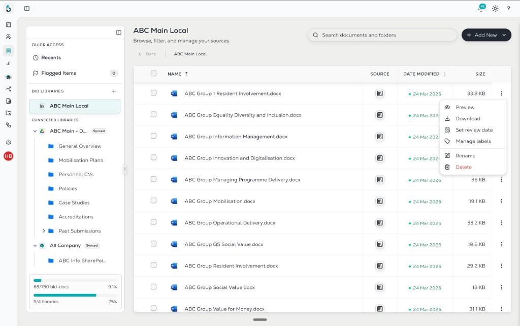 BidScript bid library showing Quick Access, synced folders, Google Drive and SharePoint connections, and document list