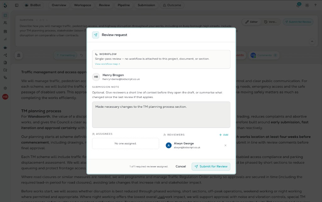 BidScript Review request dialog with assignees, reviewers, and submit for review over the document workspace
