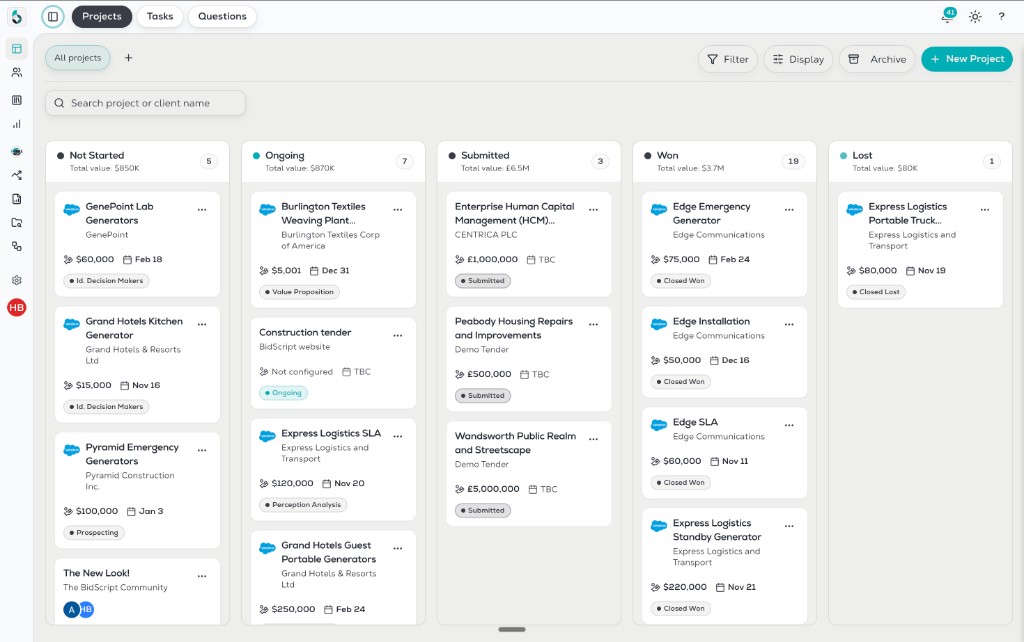 BidScript pipeline Kanban: CRM-linked opportunities by stage with values, owners, and project cards from Salesforce and HubSpot