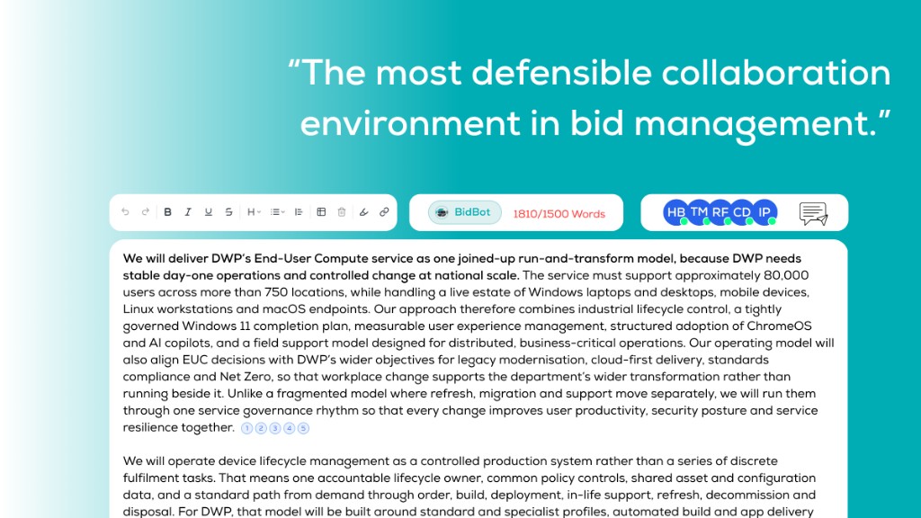 BidScript draft editor with BidBot word-count tracking, version control and live team collaborators co-authoring a submission.