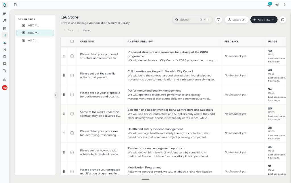 BidScript QA Store: searchable question and answer library with usage counts, evaluator feedback, and last-used metadata