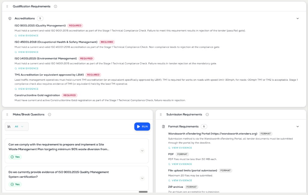 BidScript Qualification Requirements view showing accreditations, make/break questions, and submission format requirements