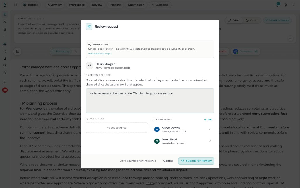 Red Team review request modal with workflow, assignees and reviewers