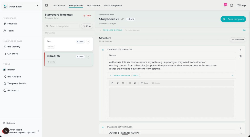 BidScript Template Studio Storyboards: block timeline with notes, response outline, and reusable narrative structure before drafting